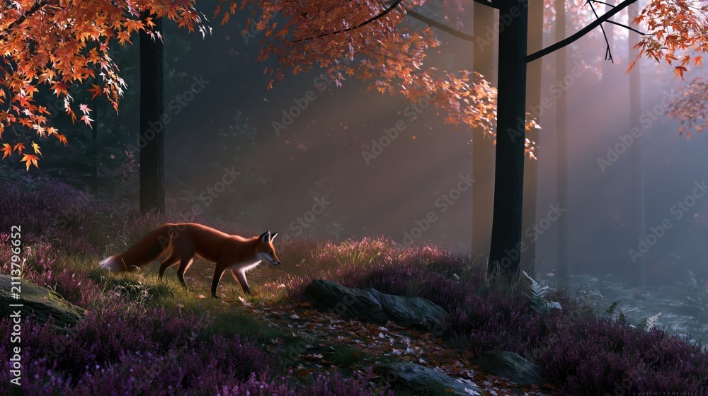Fototapeta premium Fox walking in a forest with autumn leaves and sunlight shining through trees in the background