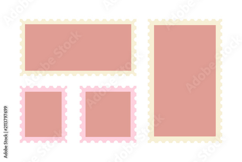 Set of blank postage stamp templates in pink and cream on transparent background
