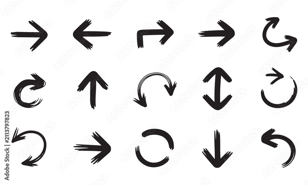 Fototapeta premium Set of black ink hand drawn arrow shapes for various design projects isolated on white background art.