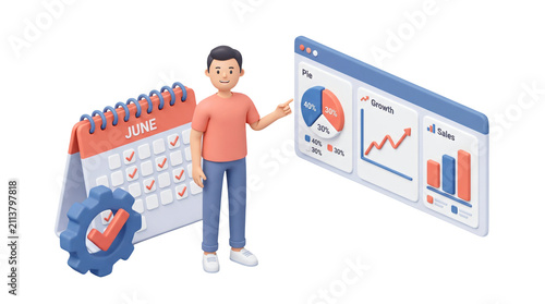 3D businessman presenting financial charts. Professional manager analyzing project schedule.