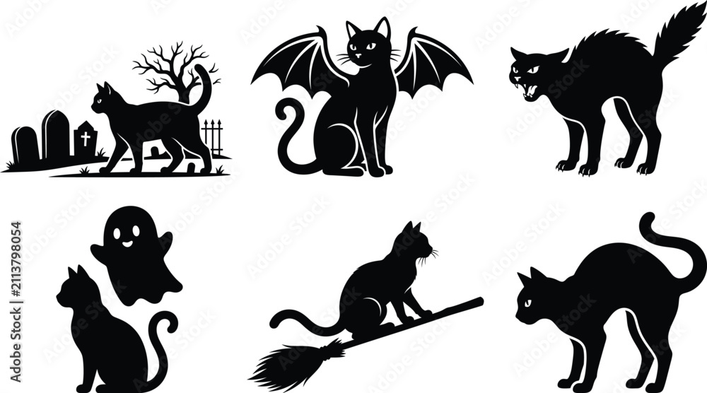 Naklejka premium Halloween black cat vector silhouettes spooky feline set