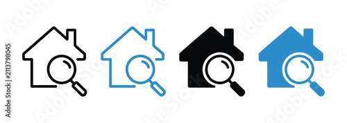 House search icon, property magnifier symbol for home search, real estate browsing, housing inspection, rental lookup and residential property services.