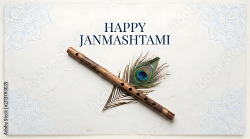 A beautiful top down view of a traditional wooden flute and a vibrant peacock feather placed on a textured off white background for Janmashtami greeting card