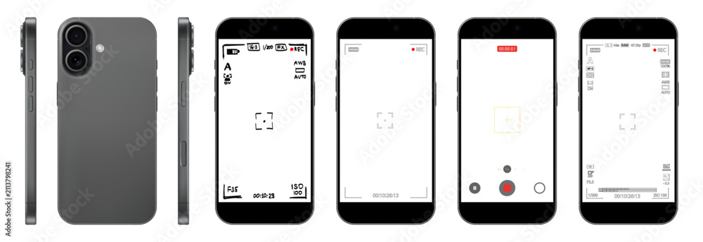 Obraz premium Mobile phone camera rec overlay mockup pack isolated. Recorder cam display. Video or photo recording screen. Viewfinder Layout template. Vector png