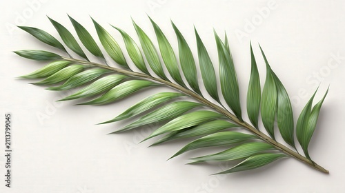 A detailed close-up of a lush green palm leaf on a light background, ideal for nature-themed designs, backgrounds, or wellness topics, conveying freshness and tranquility,