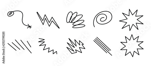 Fotografía Abstract Graphic Elements: A collection of dynamic, hand-drawn graphic elements including arrows, zigzags, explosions, and spirals, perfect for adding visual flair and emphasis