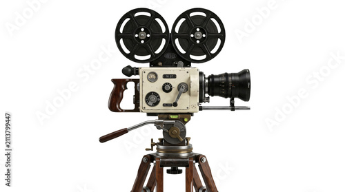 Vintage film camera on tripod. Retro cinema movie equipment isolated on white background.