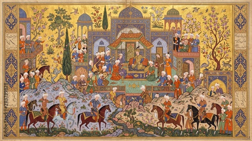 Historical artwork showing a royal gathering in an ancient setting