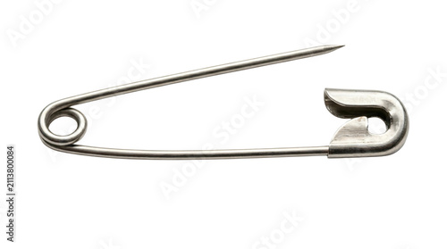 Metal safety pin isolated on white. Silver sewing fastener for clothing and fabric repair.