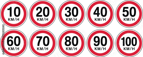 Fotografie Speed limit road sign icon set, maximum speed regulation symbols from 10 kmh to 100 kmh for traffic control, road safety and transportation design