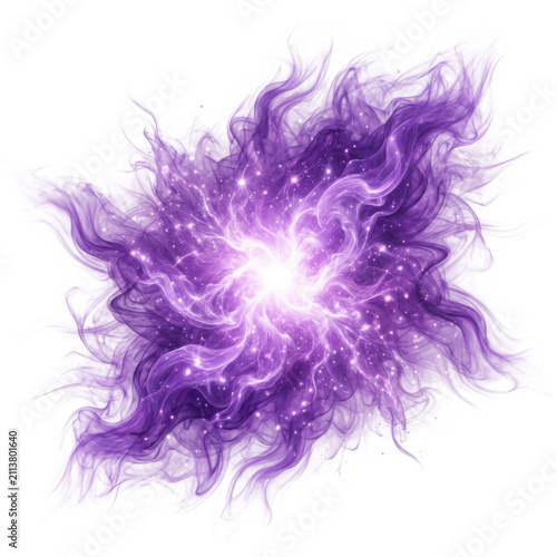 Abstract purple magical energy explosion with glowing particles and smoke isolated on transparent background
