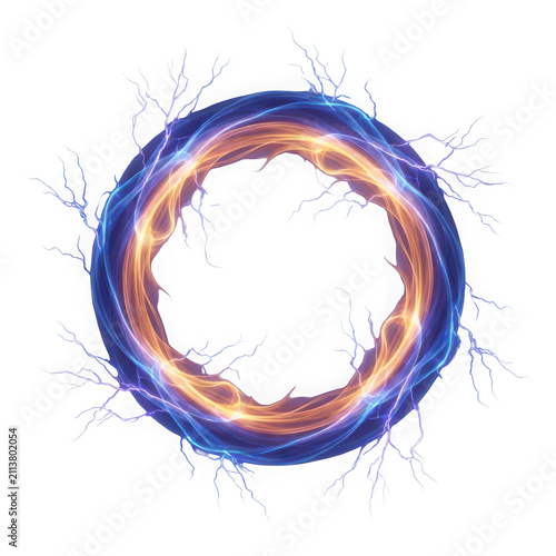 Abstract circular portal of blue energy and lightning isolated on transparent background