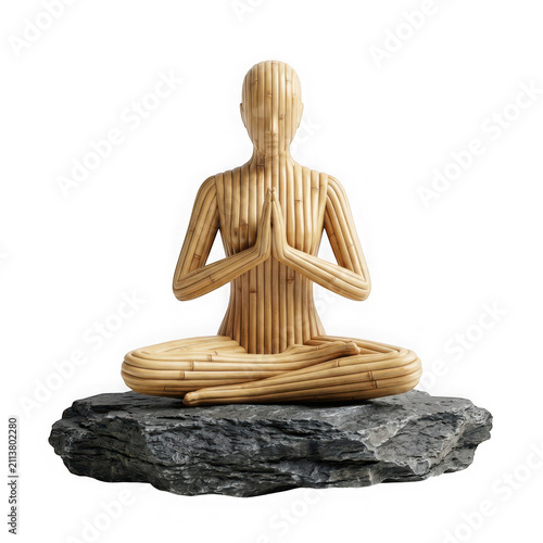 Bamboo sculpture of a person meditating in lotus position on a stone isolated on transparent background
