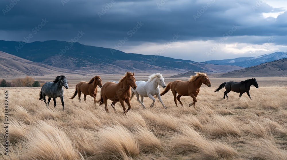 Fototapeta premium Horses run across a field under cloudy skies in a valley surrounded by mountains