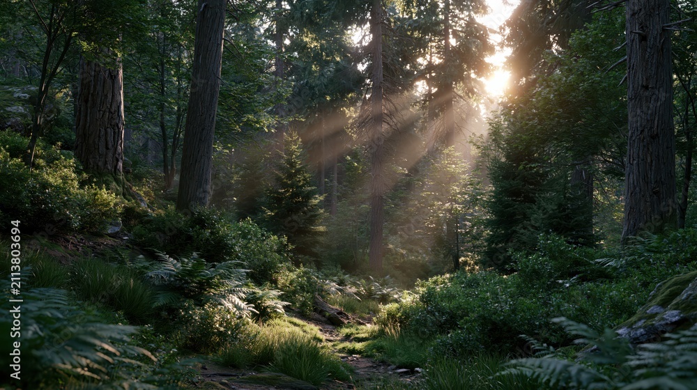 Fototapeta premium Sunlight shines through trees in a forest during the morning