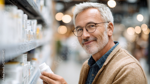 Customer man checking health products list in pharmacy aisle, carefully evaluating items and comparing information for personal wellness decisions