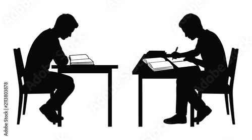 Students studying at desks black silhouette against white background