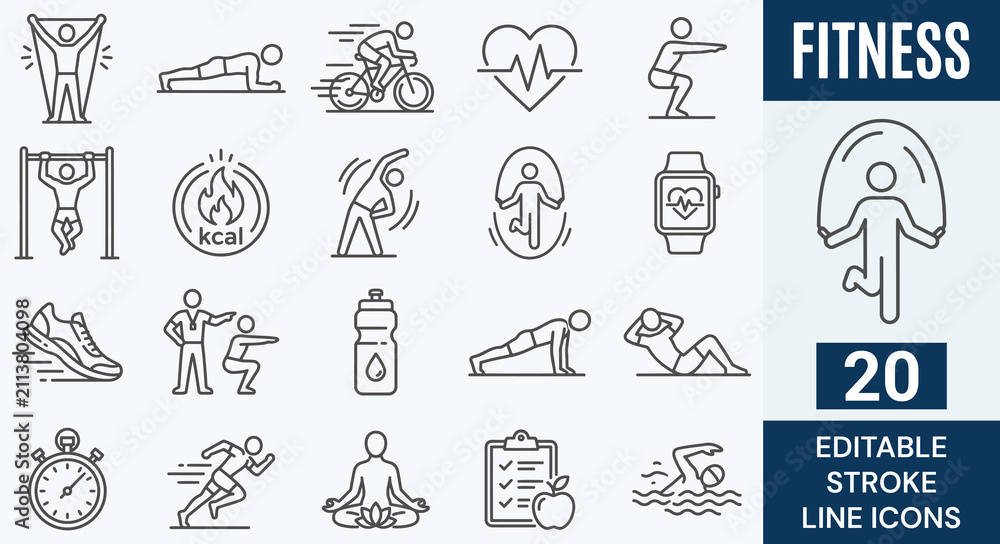 Fototapeta premium Fitness Line Icon Set. 20 Editable Stroke Icons of Workout, Gym Training, Healthy Lifestyle, Running, Cycling, Swimming, Yoga, and Exercise Symbols. Vector Graphic.