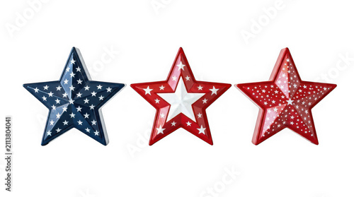 Three decorative star ornaments with patriotic red and blue patterns isolated on transparent background