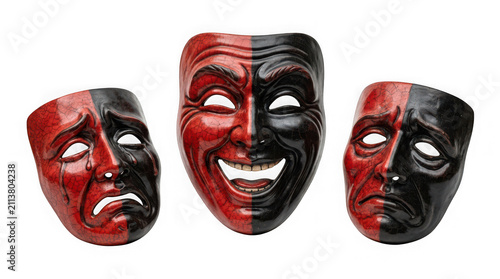 Three theatrical masks with red and black cracked texture representing comedy and tragedy isolated on transparent background