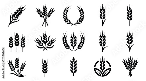 Wheat Stalks And Wreaths Black Silhouette Collection On White Background