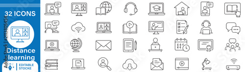 Fotografía 32 Distance Learning Outline Icons Set – Online Education, Remote Learning, Virt