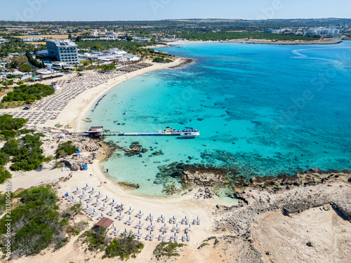 Cyprus, Ayia Napa, aerial view of Makronissos beach on sunny day