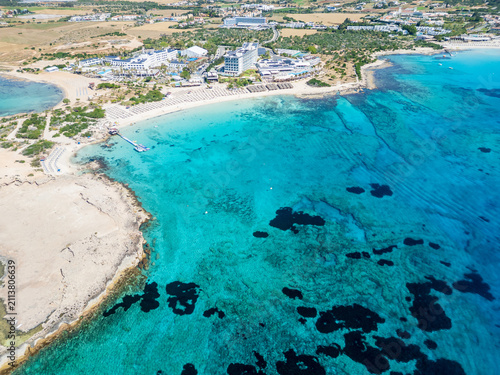 Cyprus, Ayia Napa, aerial view of Makronissos beach on sunny day
