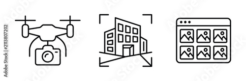 Drone photography and real estate mapping icons set, aerial survey of buildings and property image gallery interface