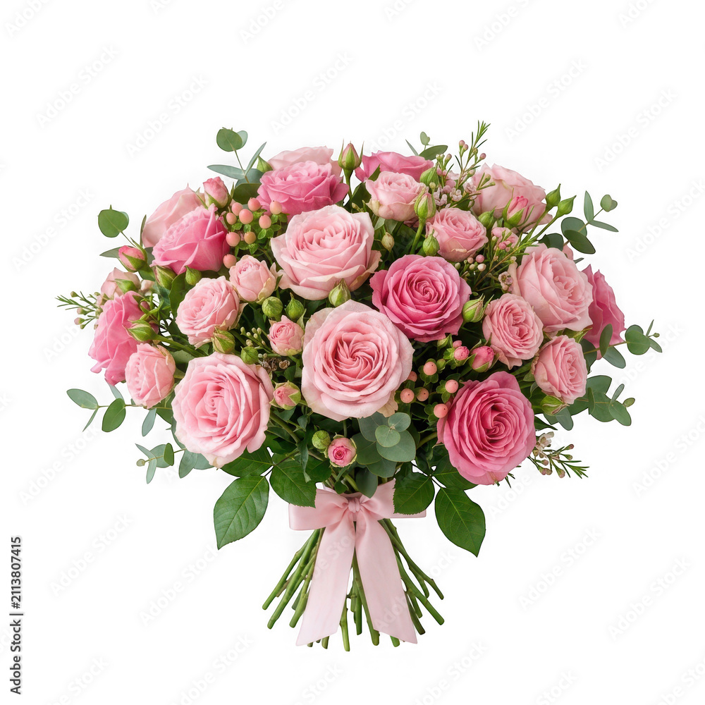 Fototapeta premium Beautiful bouquet of pink roses with green leaves and a pink ribbon isolated on transparent background
