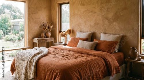 Close-up of a rustic bedroom with burnt orange linen textiles, clay walls, and a wooden table with ceramic pottery