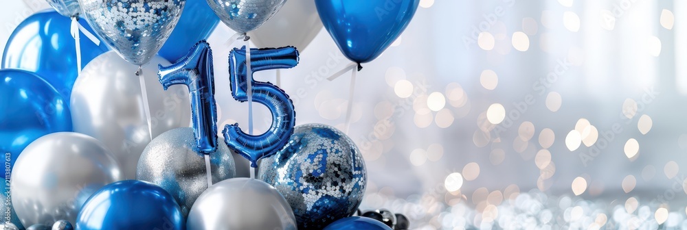 Obraz premium Elegant quinceanera celebration with blue and white balloons and festive decor for 15th birthday. Horizontal banner. Copy space. Free space for text