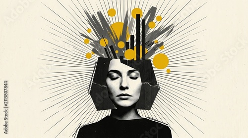 A tired woman's head with abstract elements representing psychotherapy and mental overload in a zine style.