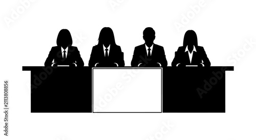Фотография Black silhouette of four professional business people sitting behind a long conf