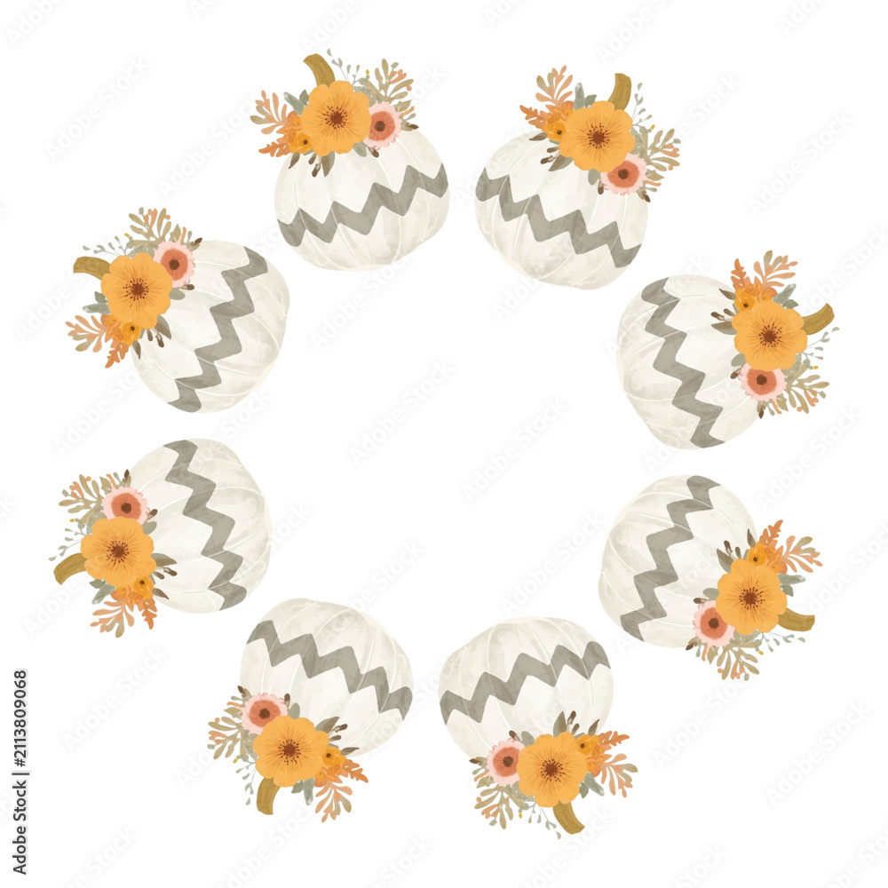 Fototapeta premium Autumn pumpkin frame in watercolor style. Round border made of autumn pumpkins decorated with flowers. Pumpkins are arranged in a circle. Vector flat isolated on white background. 