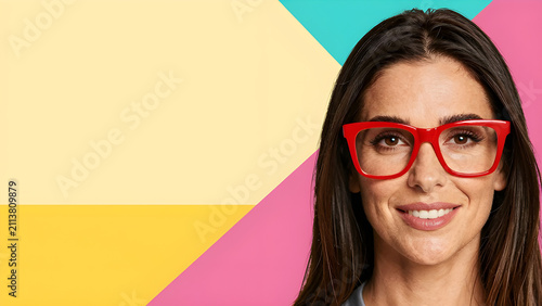 Confident Woman Wearing Oversized Bold Red Eyeglasses Against Geometric Color Blocks Background