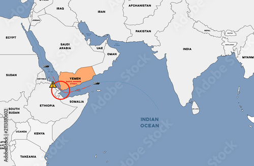 Red Sea Shipping Crisis Map — Bab el-Mandeb Strait Risk Zone, Yemen and Middle East Maritime Trade Route Infographic