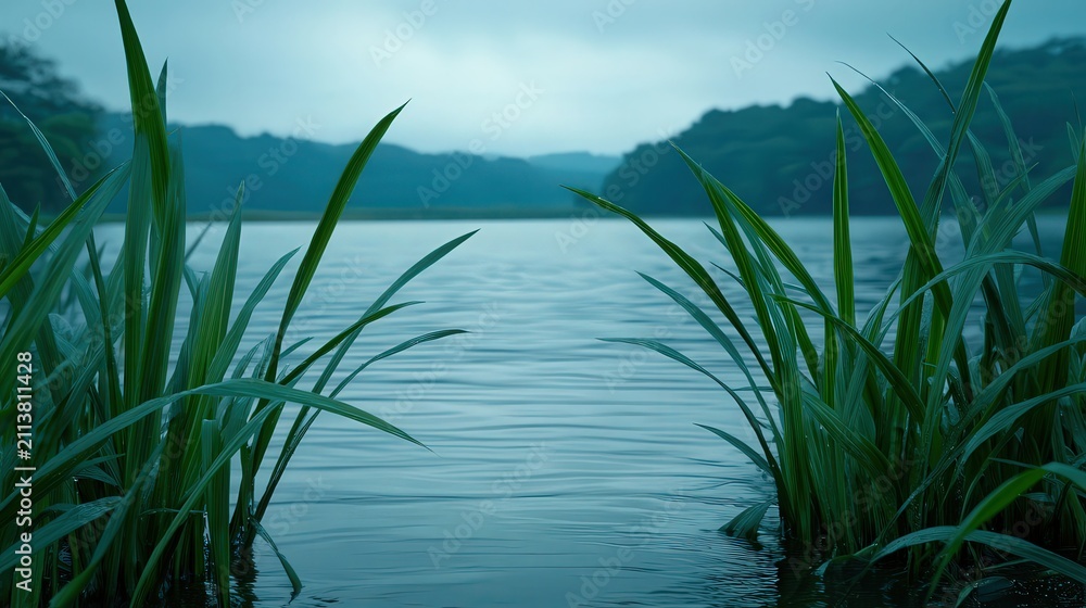 Obraz premium A serene lake view framed by lush green grass under a cloudy sky, ideal for nature-focused projects, relaxation themes, and backgrounds, This image evokes tranquility and calmness,