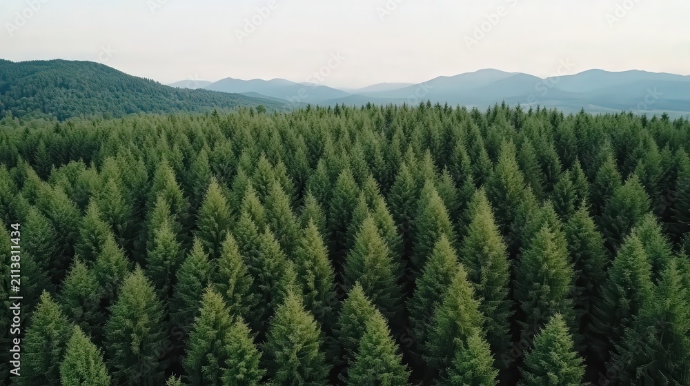 Fototapeta premium A vast forest stands with dense evergreen trees stretching towards distant mountains, ideal for use in projects related to nature, environment, sustainability, or outdoor activities,