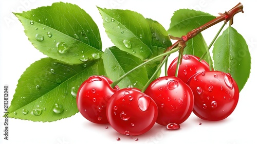 Fresh cherries with vibrant green leaves glisten with droplets of water, perfect for culinary projects, health-related articles, or nature-themed designs,