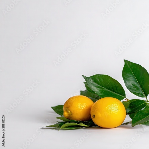 Fresh, bright lemons with green leaves on a clean white background, perfect for culinary, health, or lifestyle projects, conveying freshness and natural flavors,