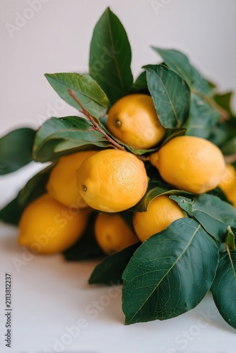 A vibrant cluster of fresh lemons with lush green leaves, perfect for food-related projects, recipes, or health articles, adding a touch of freshness and color,