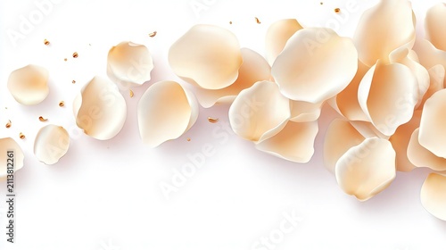 Soft pink rose petals scattered elegantly on a white background, ideal for use in wedding invitations, card designs, or beauty product branding to evoke a sense of romance and tranquility,