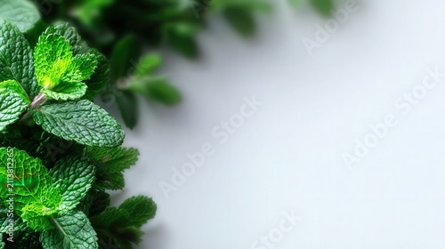Fresh green mint leaves arranged against a soft, light background, perfect for culinary, health, or herbal themes in print or digital media, Ideal for food blogs, recipe books, and wellness websites,