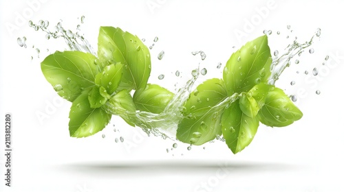Fresh green basil leaves splashed with water create a vibrant, refreshing image suitable for culinary, health, or nature-related projects, Ideal for use in advertisements, blogs, or recipes,