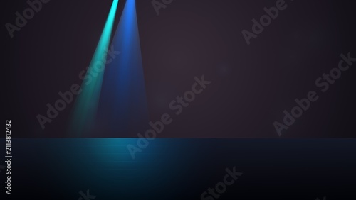 Bright blue and teal stage spotlights shining down on a dark floor in a moody concert hall