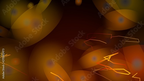 Abstract dark background with warm orange glowing circles and thin golden light lines pattern