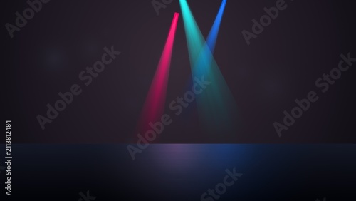 Bright colorful spotlights shining down on a dark stage floor for a live event performance background