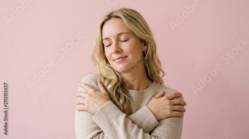 A young woman embracing herself with love and care during breast cancer awareness month on a soft pink background