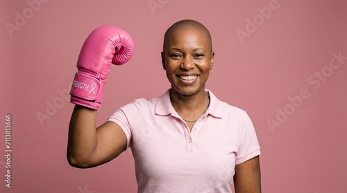 A smiling african american woman wearing a pink boxing glove to support breast cancer awareness month and show strength